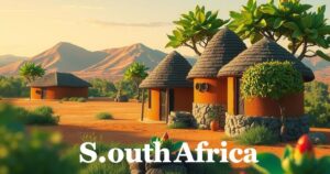 A symbolic representation of South African heritage with colors depicting diversity, featuring traditional elements in a harmonious setting.