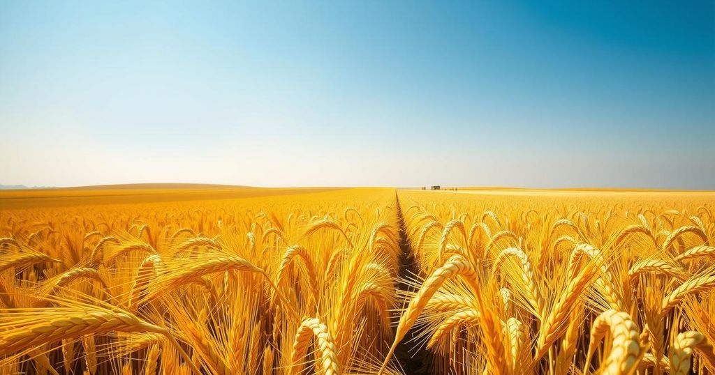 Golden wheat field under clear blue sky, representing Argentina's grain export growth and economy.