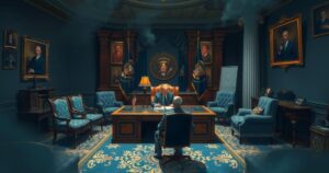 A tense meeting in an official setting with a presidential theme and a serious atmosphere.