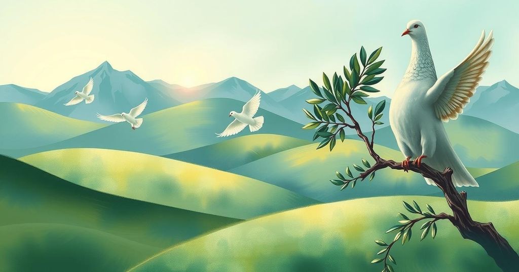 A symbolic image representing peace negotiations, featuring doves, olive branches, and a serene backdrop.