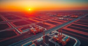 Aerial view of oil fields in Libya with vibrant sunset colors reflecting on the land and water.