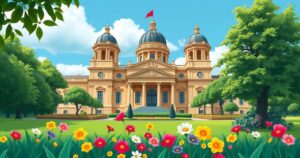 Illustration of Portugal's parliament building with vibrant colors, reflecting political dynamics amidst election results.