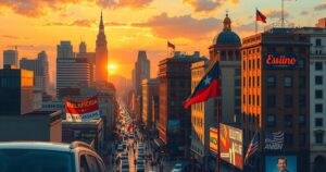 A vibrant cityscape illustration of Buenos Aires with political symbols and flags, reflecting an election atmosphere.