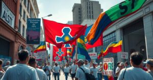 Labor unions strike in Colombia, colorful banners and symbolic representations of workers' rights in vibrant street art.