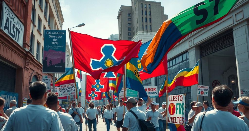 Labor unions strike in Colombia, colorful banners and symbolic representations of workers' rights in vibrant street art.