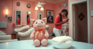 An empty beauty salon with a pink stuffed pig toy on a table, representing a tragic event in social media.