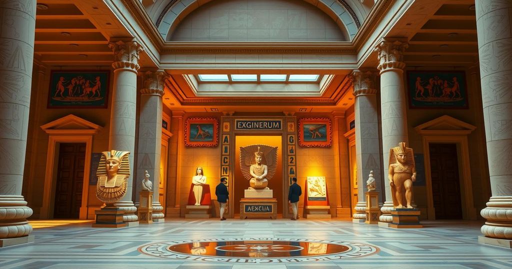 An elegant view of the Grand Egyptian Museum showcasing ancient artifacts and architecture, emphasizing cultural heritage.