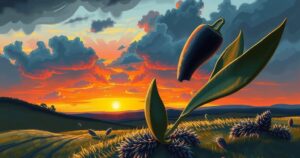 A symbolic representation of diplomacy, featuring a broken olive branch, dark clouds, and a sunset with shades of orange and purple.