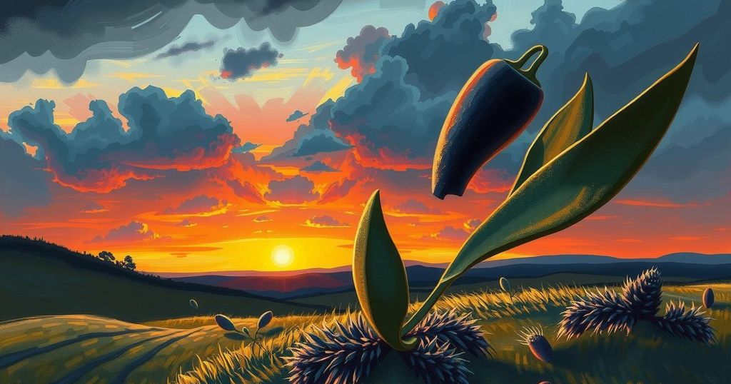 A symbolic representation of diplomacy, featuring a broken olive branch, dark clouds, and a sunset with shades of orange and purple.