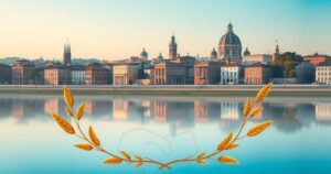 Nuclear discussions in Rome with a city skyline and symbolic elements representing diplomacy and negotiation.