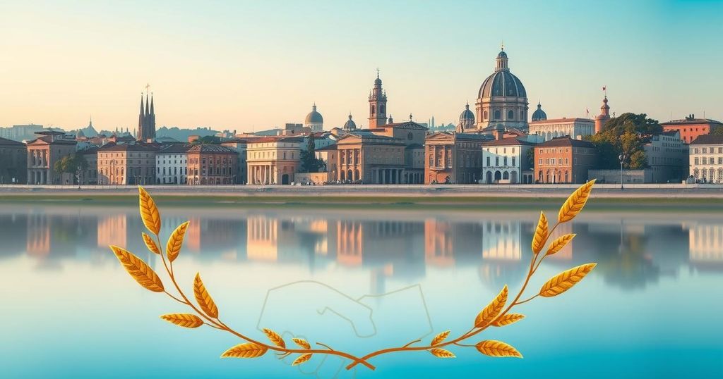 Nuclear discussions in Rome with a city skyline and symbolic elements representing diplomacy and negotiation.