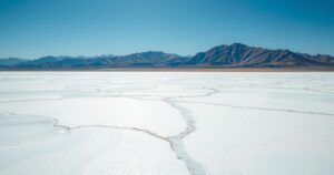 A serene landscape of a salt flat, showcasing a vast expanse of white salt crust under a blue sky, symbolizing lithium mining investment.