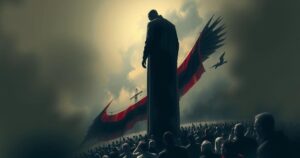 A conceptual illustration depicting a powerful figure overlooking a crowd in despair, highlighting societal challenges.
