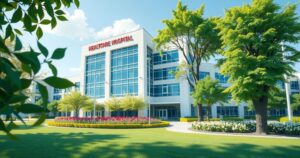 A beautifully designed hospital with modern infrastructure and lush greenery, symbolizing renewed hope in healthcare.