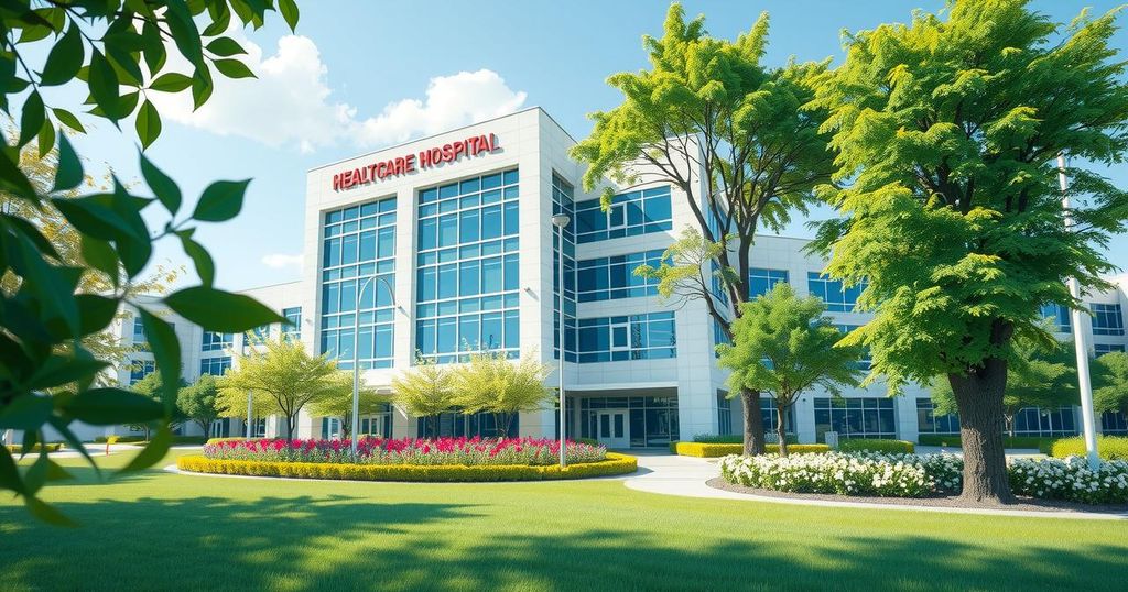 A beautifully designed hospital with modern infrastructure and lush greenery, symbolizing renewed hope in healthcare.