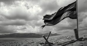 A somber scene depicting a desolate landscape with a torn flag in the background and gray skies.