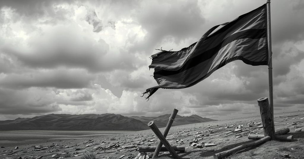 A somber scene depicting a desolate landscape with a torn flag in the background and gray skies.