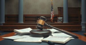 Courtroom scene with gavel and documents illustrating election fraud trial