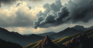 Dramatic Venezuela landscape showcasing the tension before elections, with dark clouds and shadowy hills under a muted color palette.