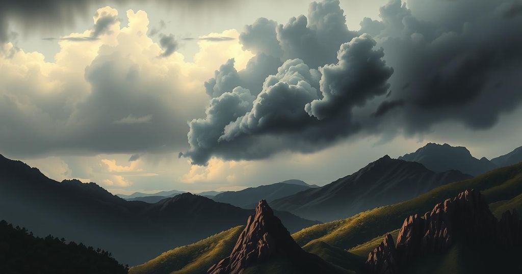 Dramatic Venezuela landscape showcasing the tension before elections, with dark clouds and shadowy hills under a muted color palette.