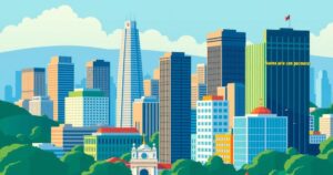 Colorful cityscape of Buenos Aires with a financial theme depicting growth and investment in bright hues.