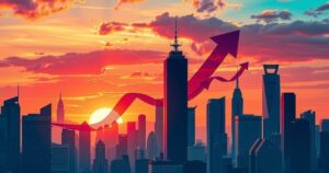 A modern city skyline against a sunset with glowing economic symbols to represent growth and trade agreements.