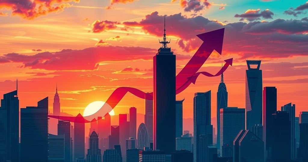 A modern city skyline against a sunset with glowing economic symbols to represent growth and trade agreements.