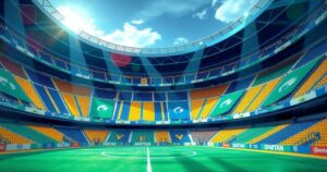 Fiji football scene with a stadium and colorful banners representing teams for an upcoming congress event.