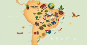 A map of Brazil with symbols of diplomacy and culture, featuring elements representing universities and international relations.