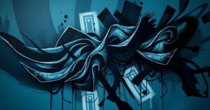 A somber and abstract representation of unrest, featuring dark tones and chaotic shapes to symbolize political conflict.