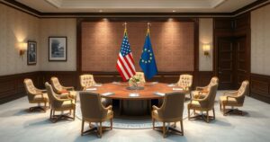 A meeting room featuring flags of South Africa and the USA, with a large table and chairs, symbolizing diplomatic discussions.