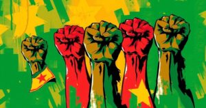 Malian flag colors with rising fists in protest, symbolizing resilience against military oppression in Bamako.