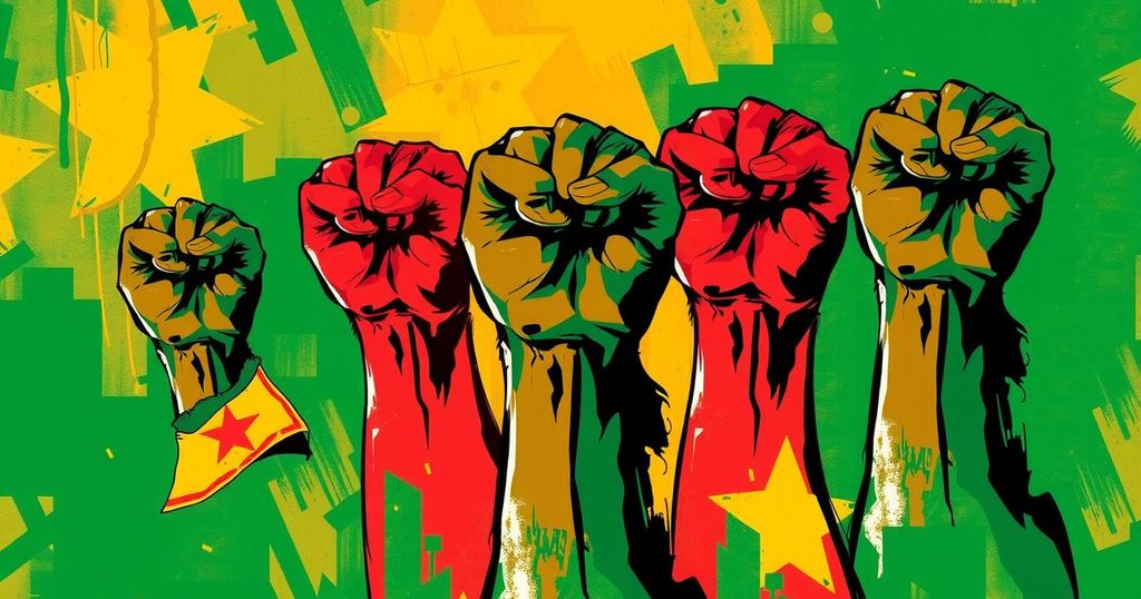 Malian flag colors with rising fists in protest, symbolizing resilience against military oppression in Bamako.