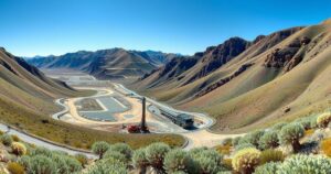 An aerial view of a mineral exploration site in a rugged landscape with mountains and vegetation, showcasing potential mining activities.