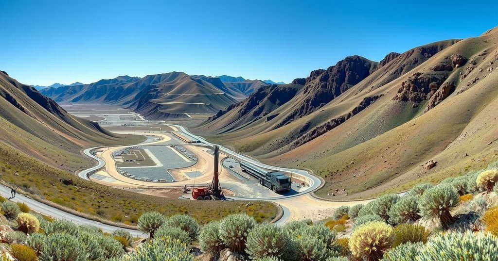 An aerial view of a mineral exploration site in a rugged landscape with mountains and vegetation, showcasing potential mining activities.