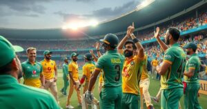 Cricket match scene with UAE players celebrating a victory against Bangladesh at Sharjah Cricket Stadium.