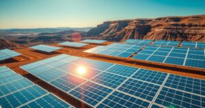 A solar power station at a mining site surrounded by green landscapes, illustrating clean energy for mining operations.