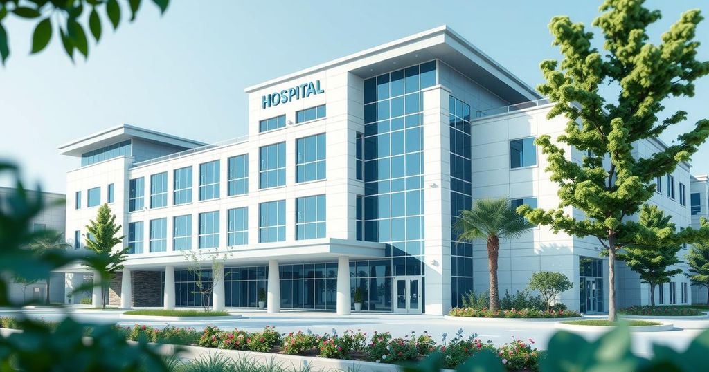 A modern hospital building in an urban setting, symbolizing collaboration and healthcare improvement.