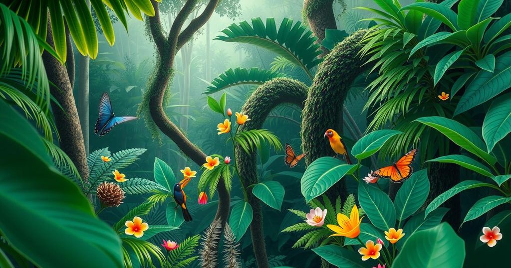 A serene landscape depicting Ecuador's Amazon rainforest, vibrant greens and rich biodiversity.