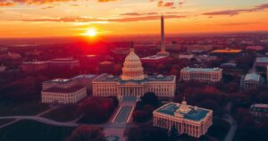 Aerial view of Washington DC with a sunset backdrop, showcasing the Capitol Building and the skyline.
