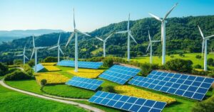 A scenic landscape featuring renewable energy sources like wind turbines and solar panels, symbolizing global cooperation.