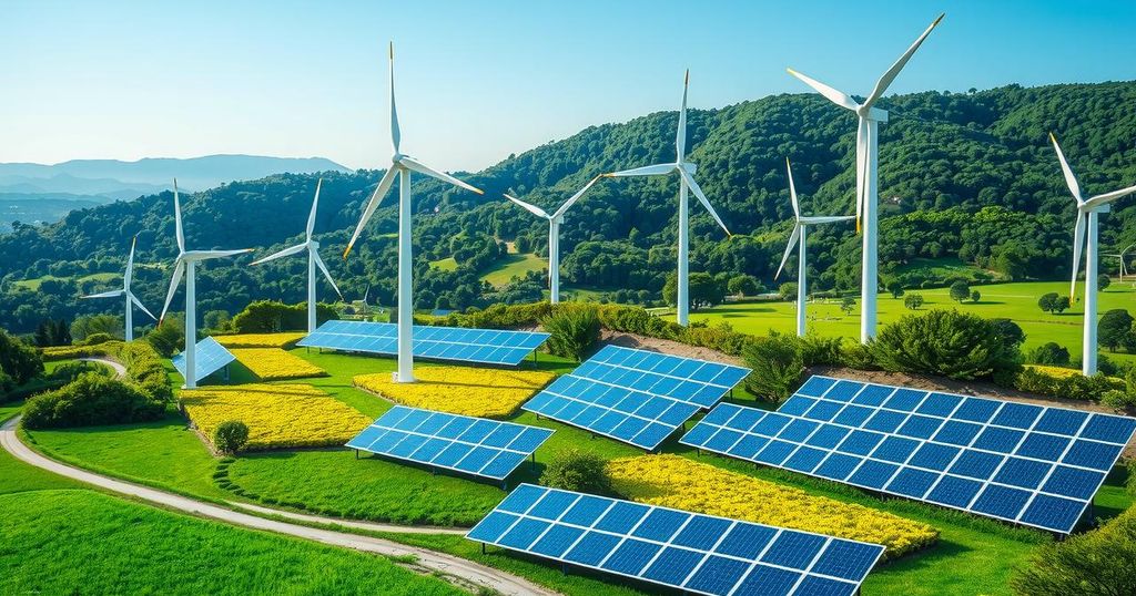 A scenic landscape featuring renewable energy sources like wind turbines and solar panels, symbolizing global cooperation.
