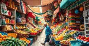 Colorful market scene showcasing diverse goods and local produce in Libya, reflecting economic activity and prices.