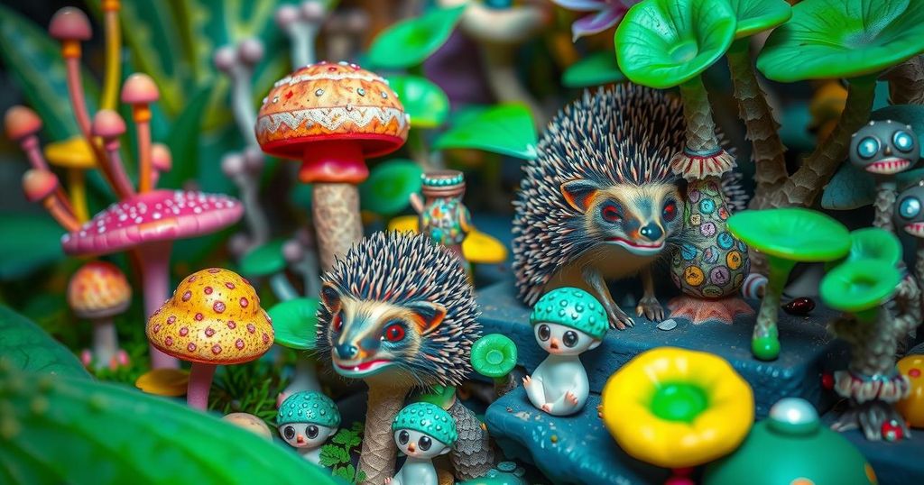 A surreal display of unique plant and animal species with vibrant colors and whimsical details in a lush environment.