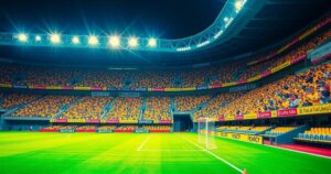 Stadium with a vibrant green field, yellow and blue seats, under bright lighting, evoking football excitement.