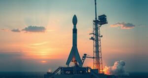 A satellite launch preparation scene featuring a rocket on a launch pad in serene morning light with blue tones.