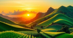 Ecuadorian landscape with a vibrant sunrise, symbolizing growth and openness in trade and investment.
