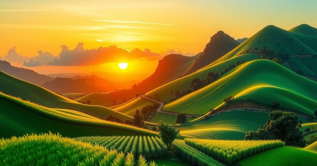 Ecuadorian landscape with a vibrant sunrise, symbolizing growth and openness in trade and investment.