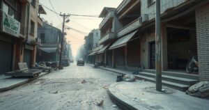 A stark contrast between urban decay and wealth, depicting an empty market street with dilapidated buildings.