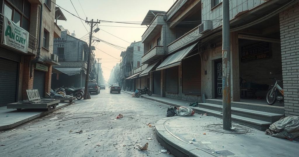 A stark contrast between urban decay and wealth, depicting an empty market street with dilapidated buildings.